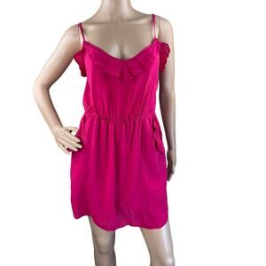Aritzia Talula Hot Pink Mini Dress Spaghetti Strap Elastic Waist Ruffled XS